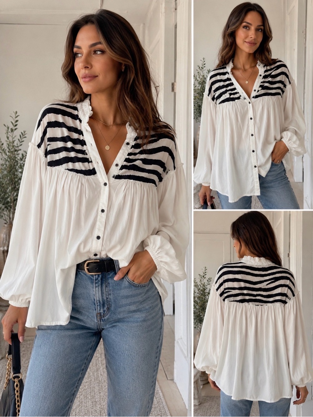 White Button-Front Blouse with Black Stripe Yoke